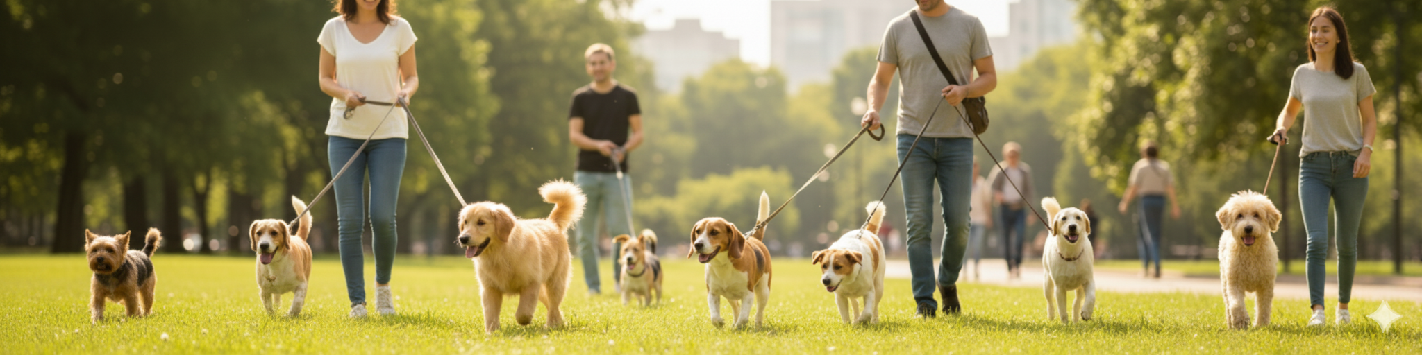People walking dogs in a park
